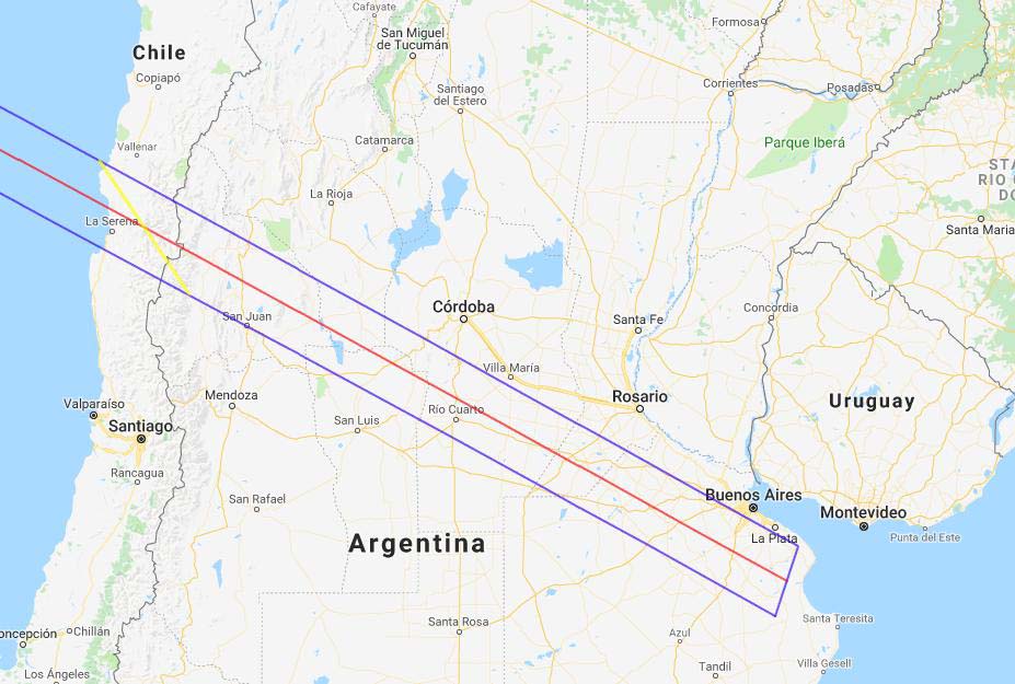 Imagen 2: Mapa del recorrido de la totalidad del eclipse sobre el territorio argentino.