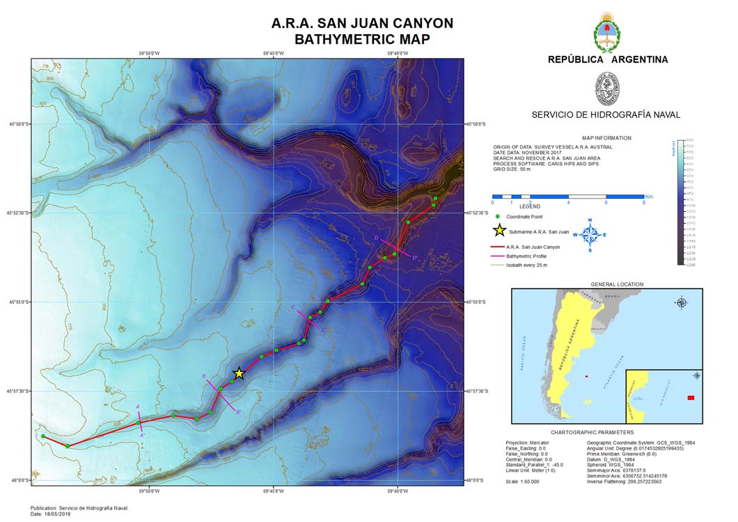 Mapa batimétrico Cañón ARA San Juan