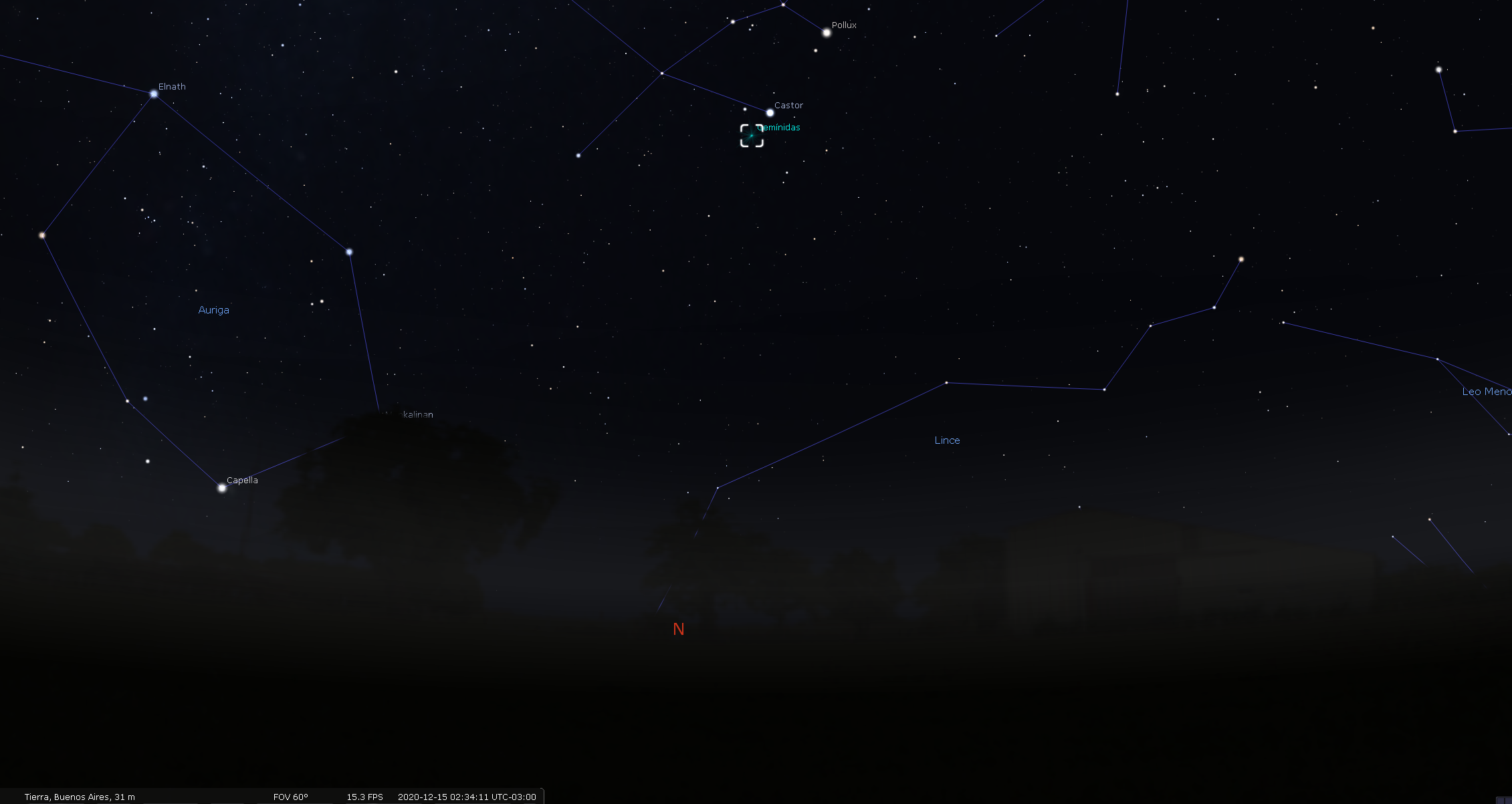 Imagen tomada del software Stellarium, centrada en la Ciudad de Buenos Aires para el 15 de diciembre del 2020 a las 02:30 hs, Hora Oficial Argentina, hacia el Norte. Gemínidas en el centro del recuadro blanco