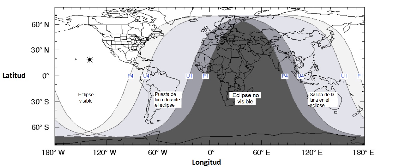Un mapa de visibilidad para el eclipse lunar parcial del 19 de noviembre de 2021