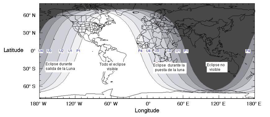 mapa de visibilidad para el eclipse total de Luna del 15 de mayo de 2022